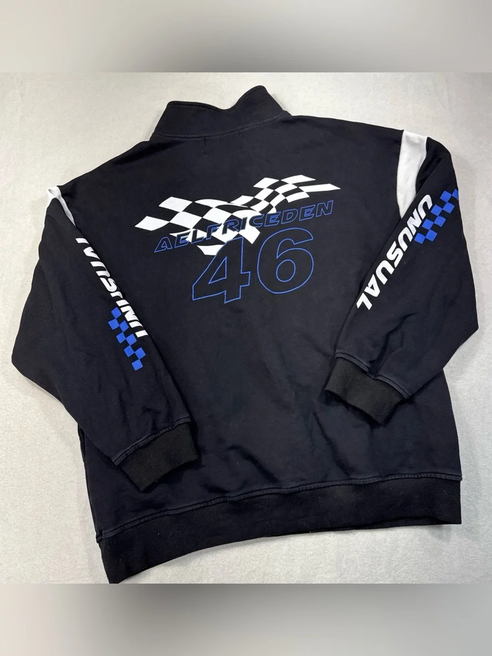 Aelfric Eden Black Racing Graphic Half-Zip Sweater with White & Blue Accents Lrg